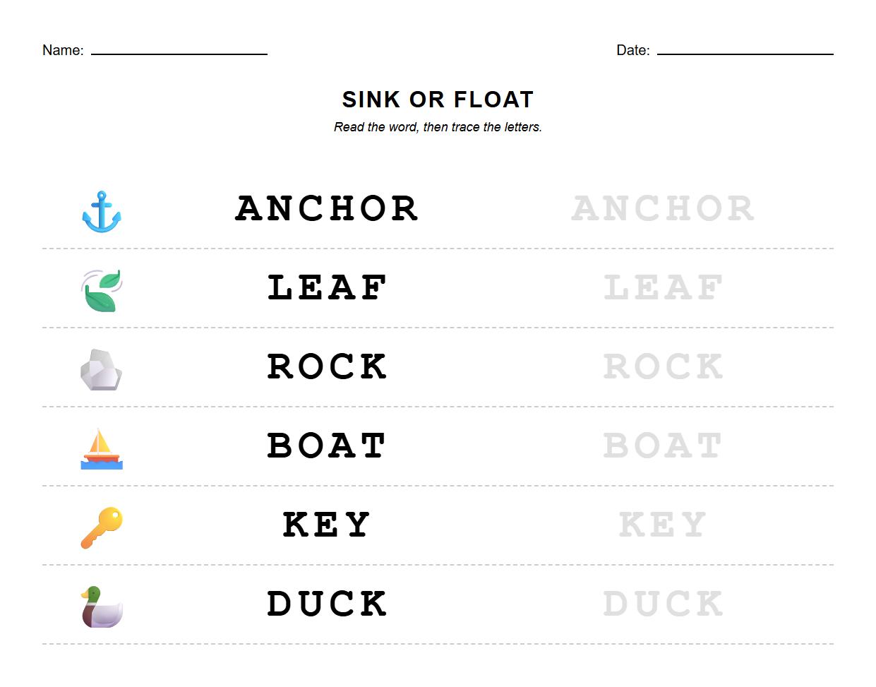 Sink or Float Vocabulary Tracing Worksheet