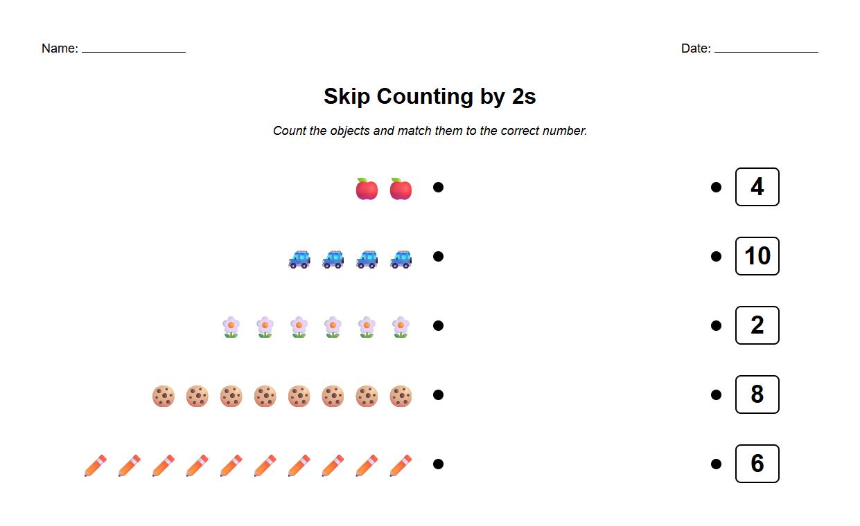 Skip Counting by 2s with Object Matching Worksheet