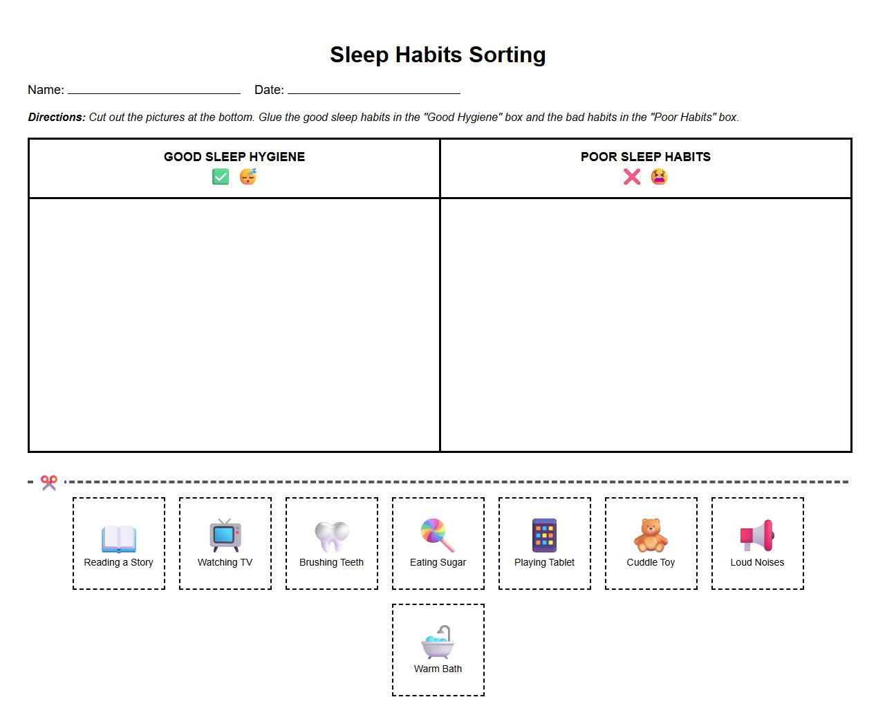 Sleep Hygiene vs Poor Sleep Habits Sorting Worksheet