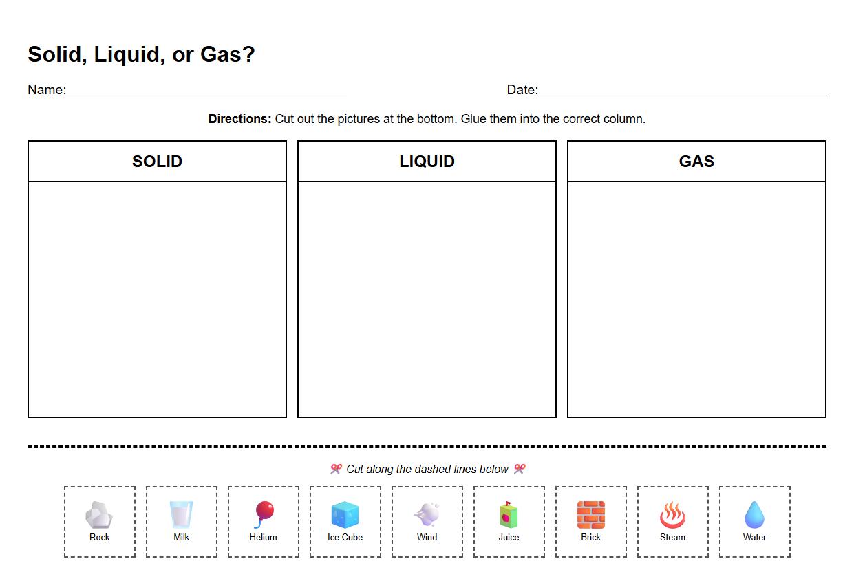 Solid Liquid Gas Sorting Activity Sheet