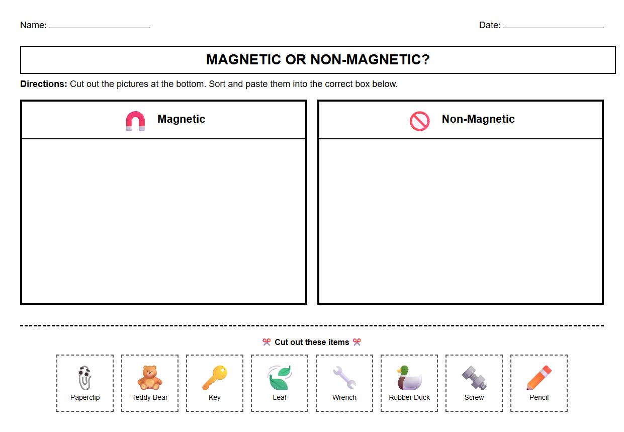 Sorting Magnetic and Nonmagnetic Objects Worksheet