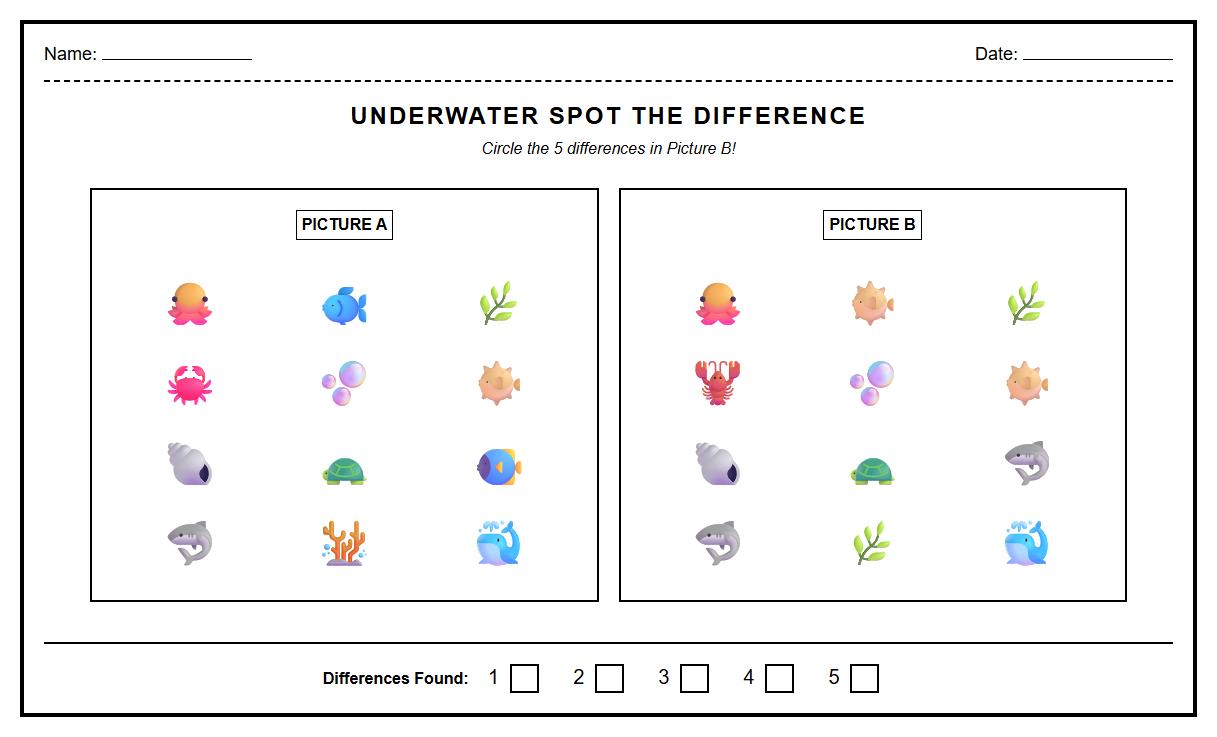 Spot the Difference Worksheet with Underwater Scenes for Attention to Detail