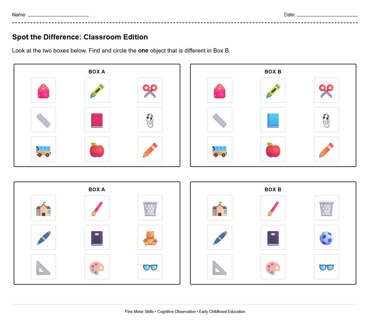 Spot the Difference Worksheet using Classroom Objects for Early Childhood Education