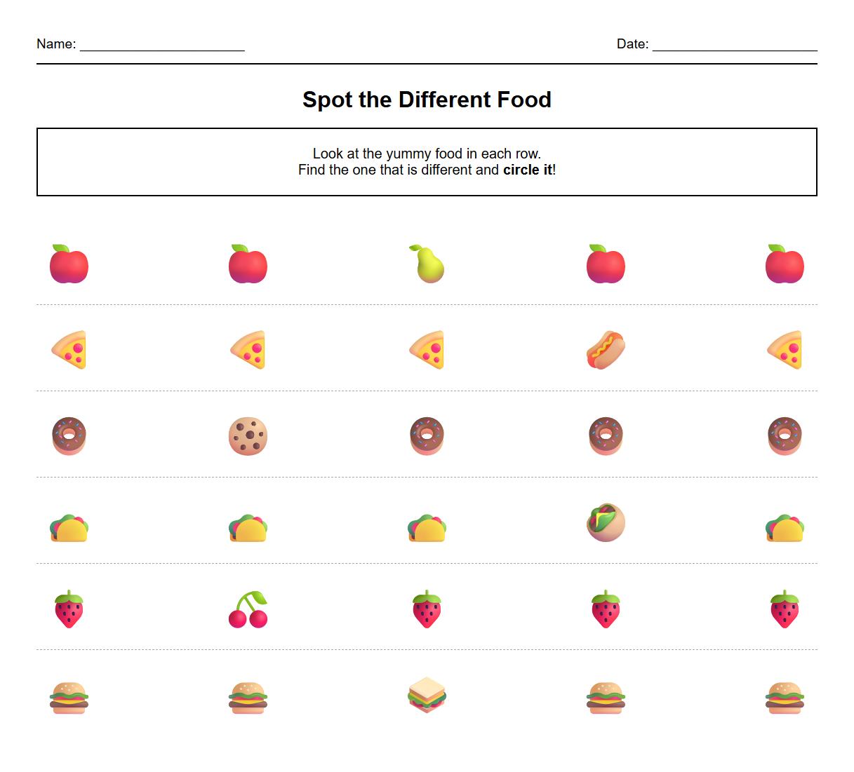 Spot the Difference Worksheet using Food Themes for Visual Scanning Skills