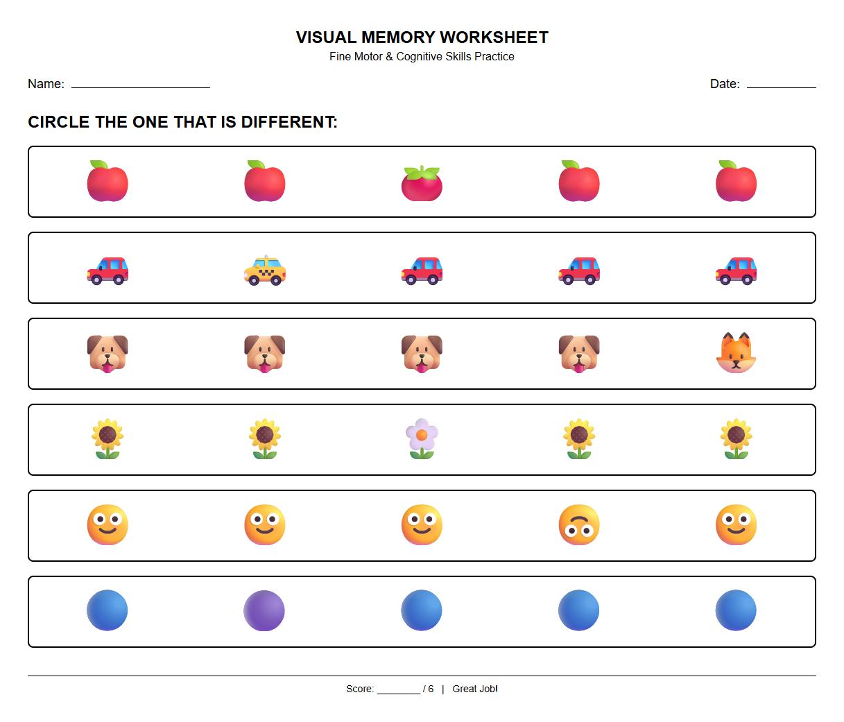 Spot the Difference Worksheet for Visual Memory Enhancement