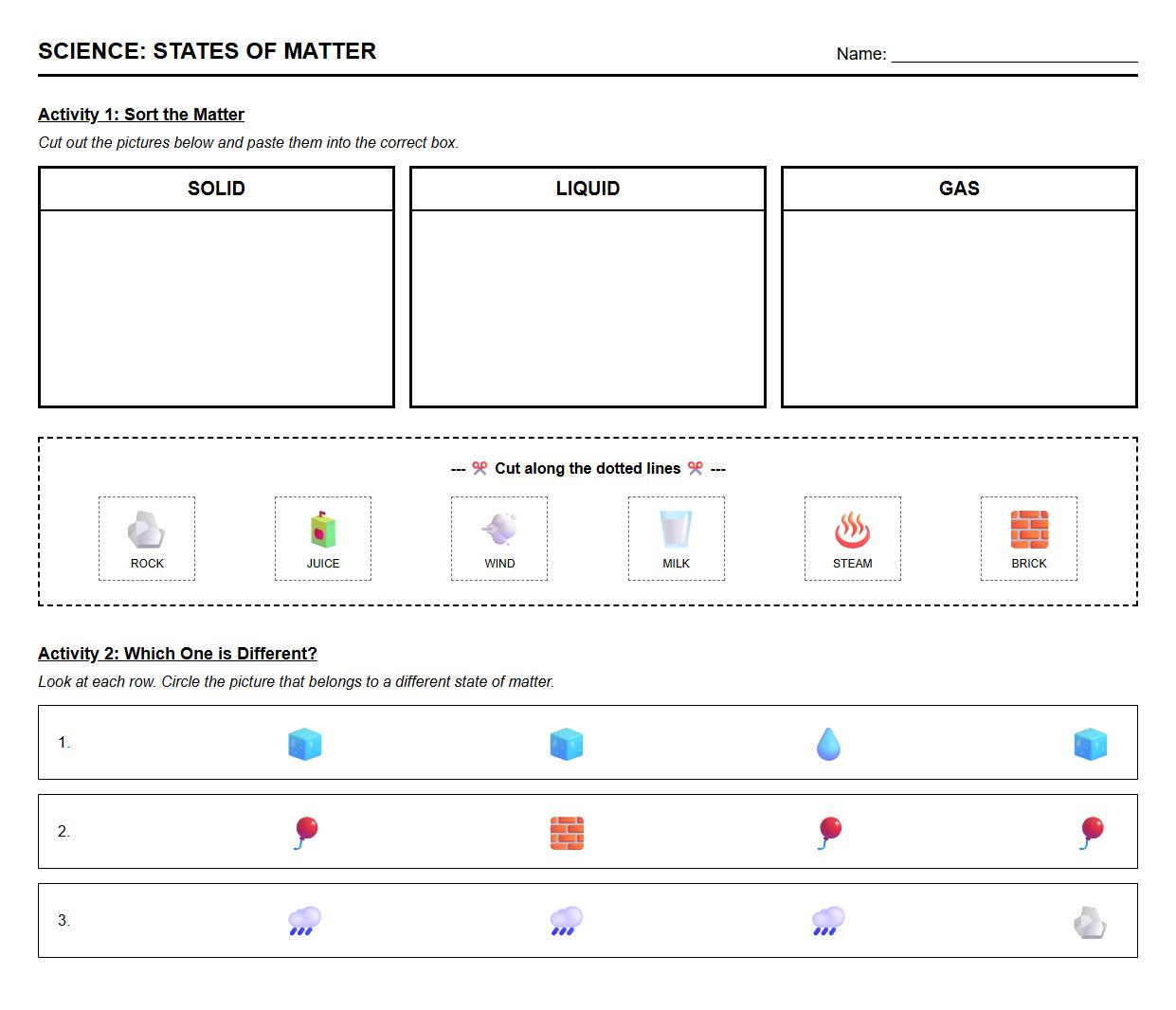States of Matter Sorting with Visual Discrimination Activities