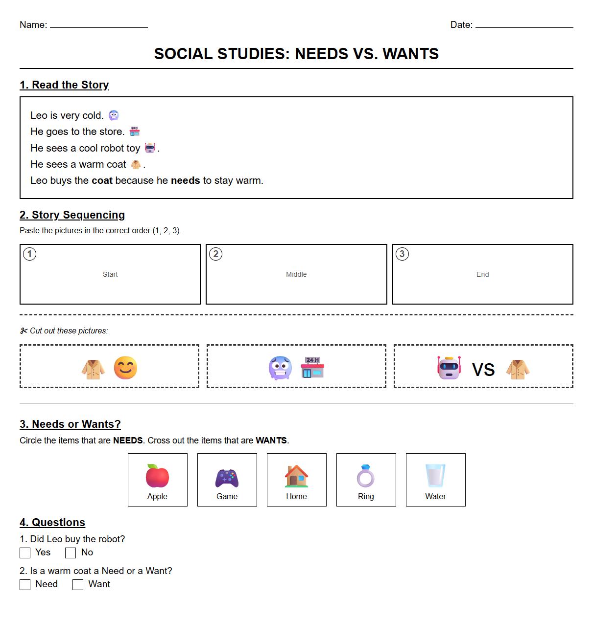 Story Sequencing with Needs and Wants Comprehension Questions