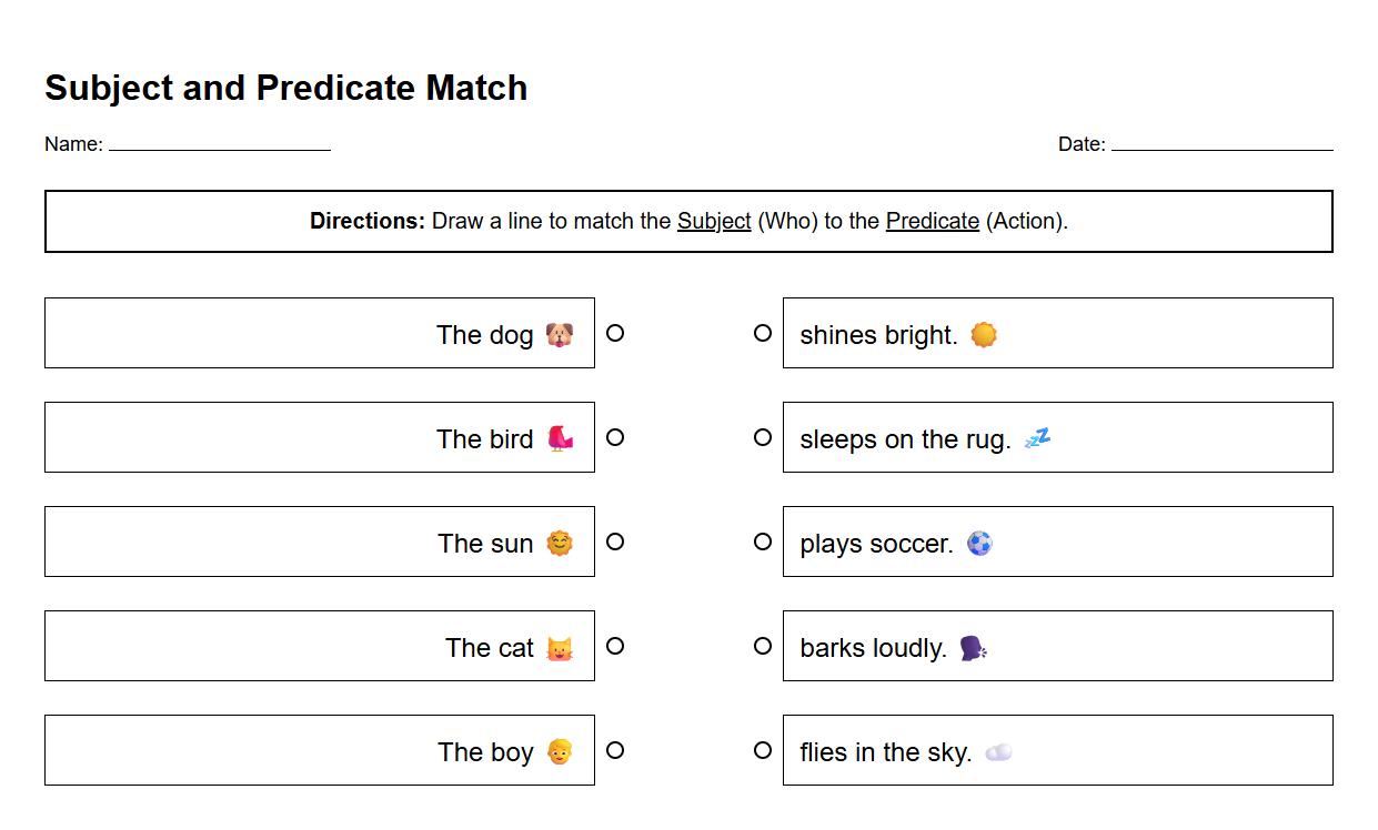Subject and Predicate Matching Worksheet for Kindergarten Literacy