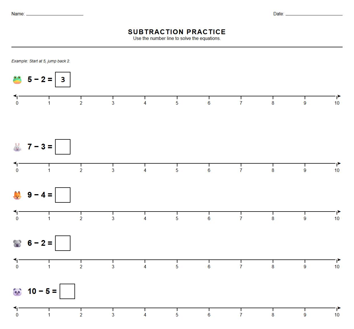 Subtraction Equation Number Line Practice