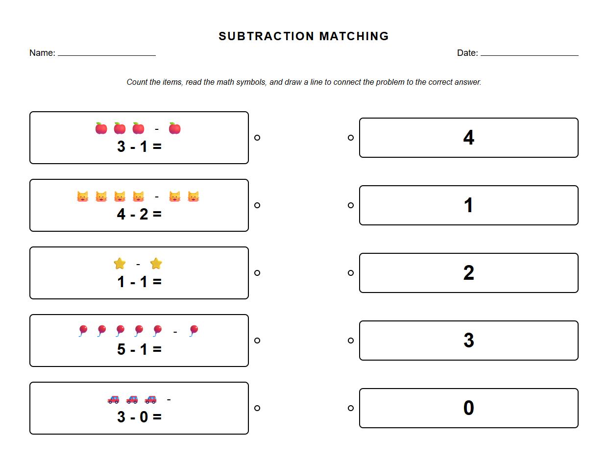 Subtraction Matching Exercise with Math Symbols Worksheet