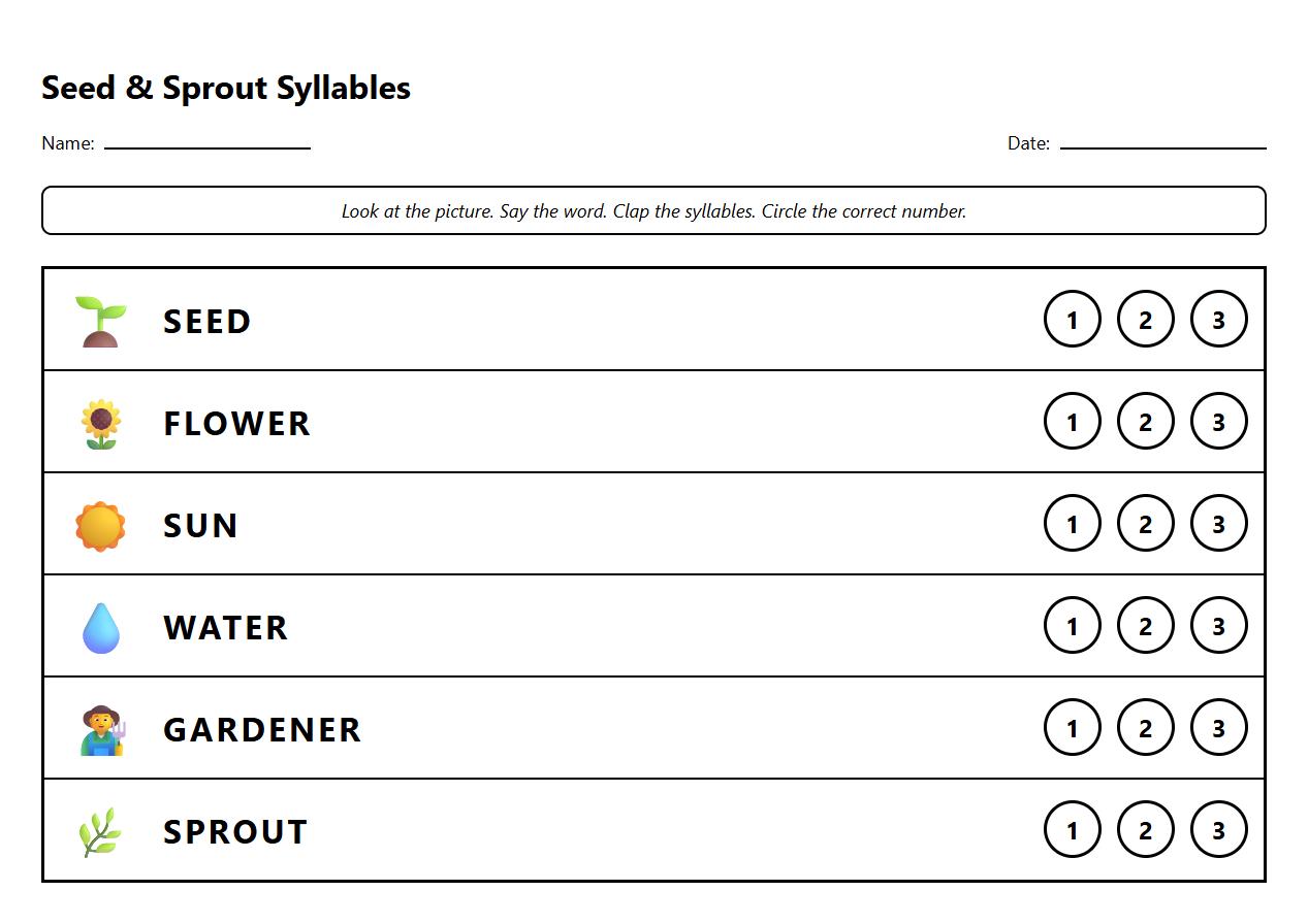Syllable Counting Phonics Worksheet with Seed and Sprout Words
