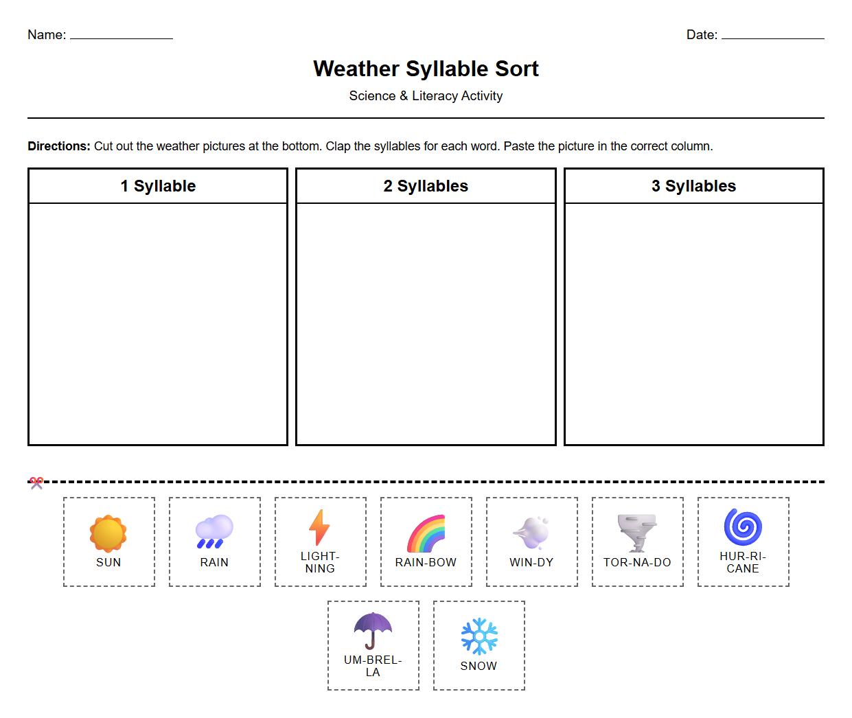 Syllable Counting with Weather Symbols Cut and Paste Worksheet