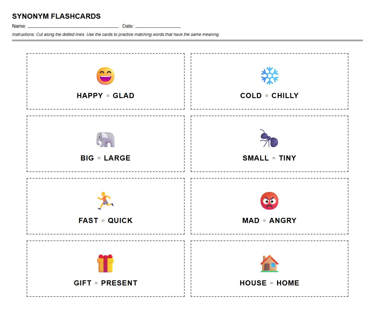 Synonym Flashcard Worksheets for Interactive Vocabulary Review