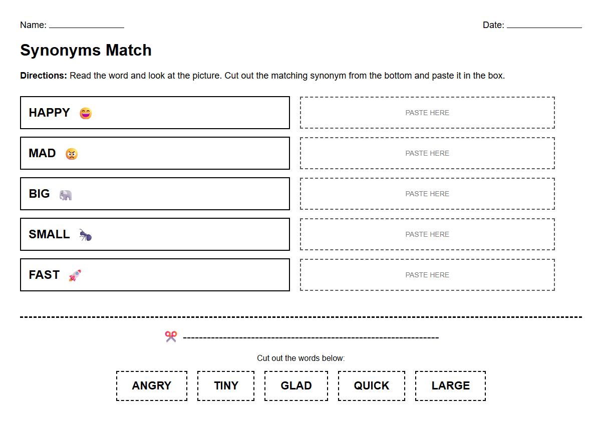 Synonyms Cut and Paste Phonics Exercise