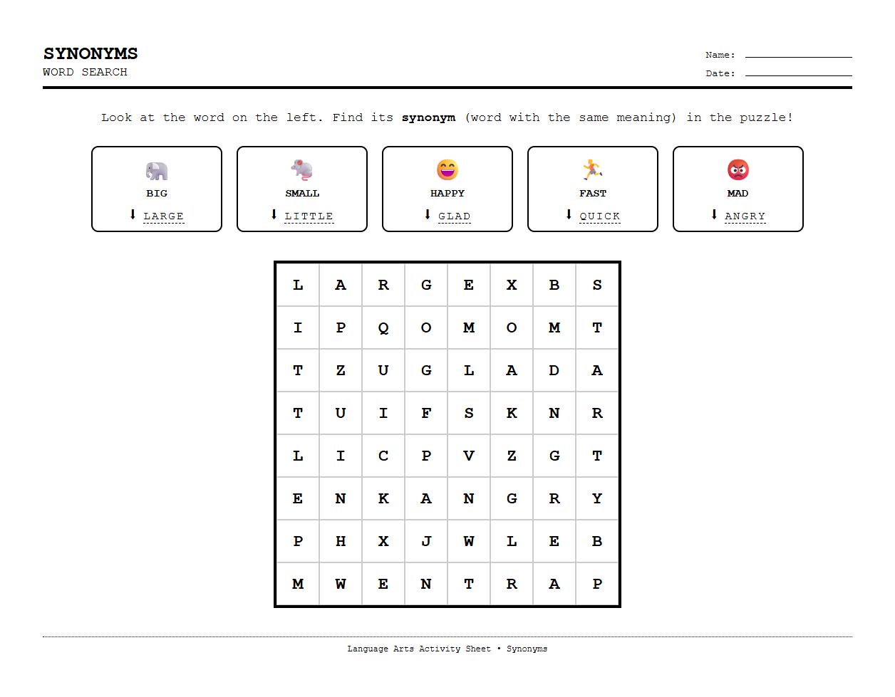 Synonyms Word Search Puzzle Sheet