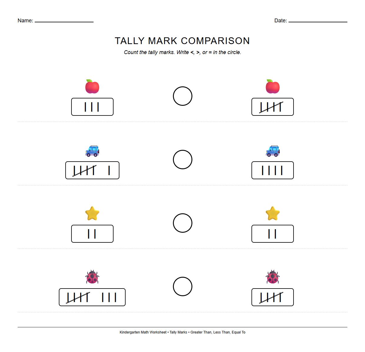 Tally mark counting and comparison worksheet