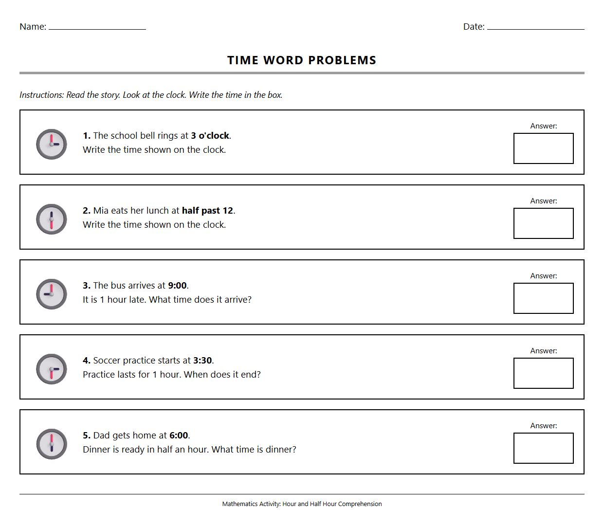 Time Word Problems for Hour and Half Hour Comprehension Worksheet