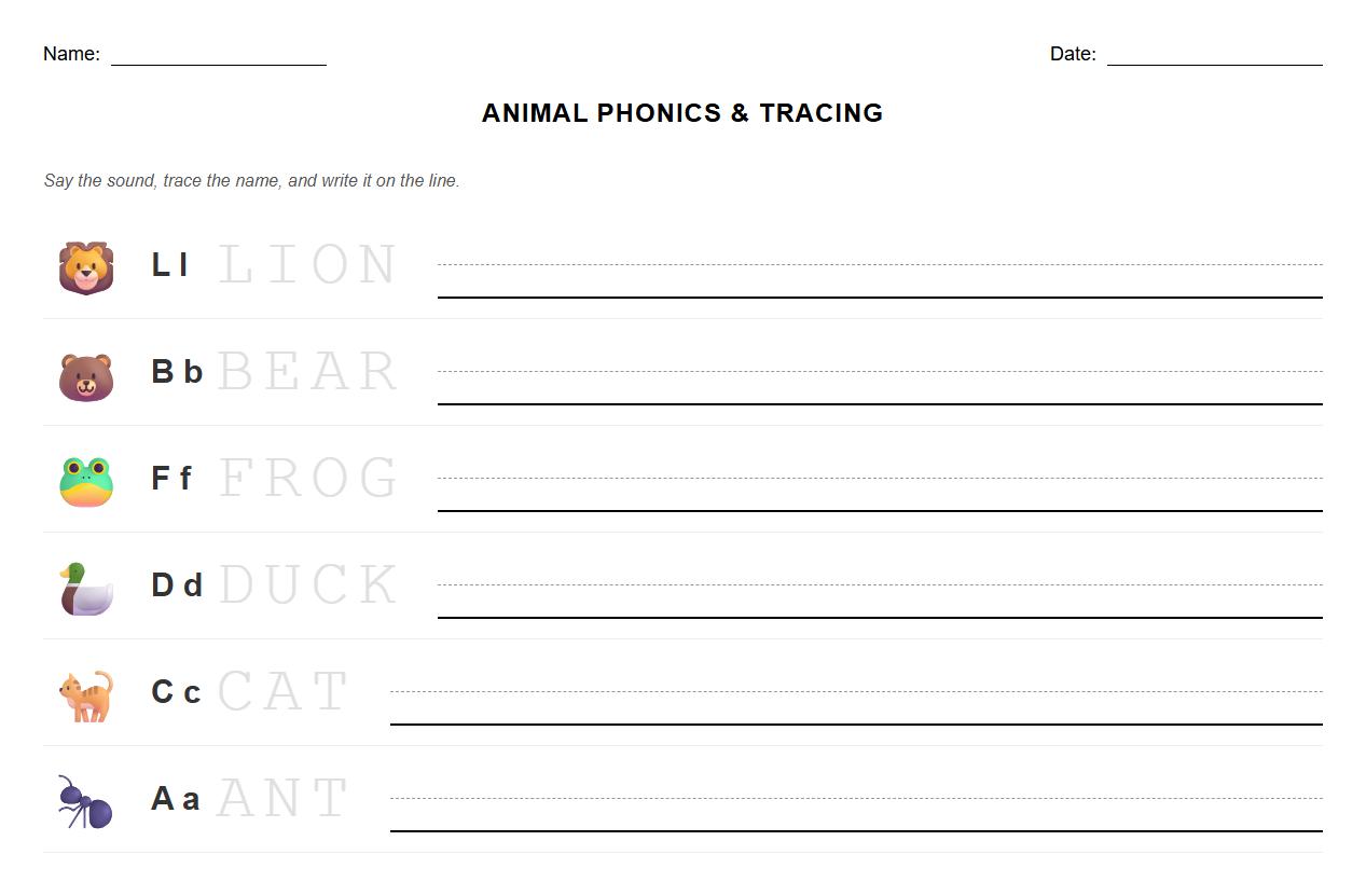 Trace and Write Animal Names with Phonics Focus Worksheet