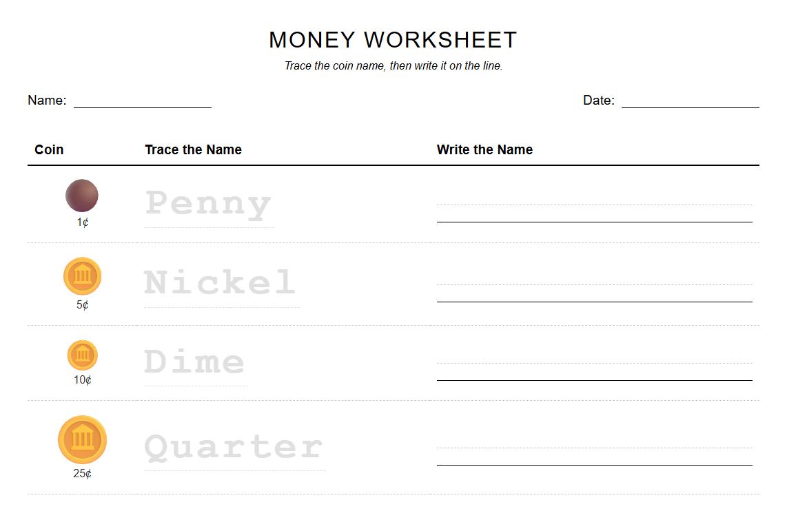Trace and Write Coin Names Worksheet for handwriting and recognition