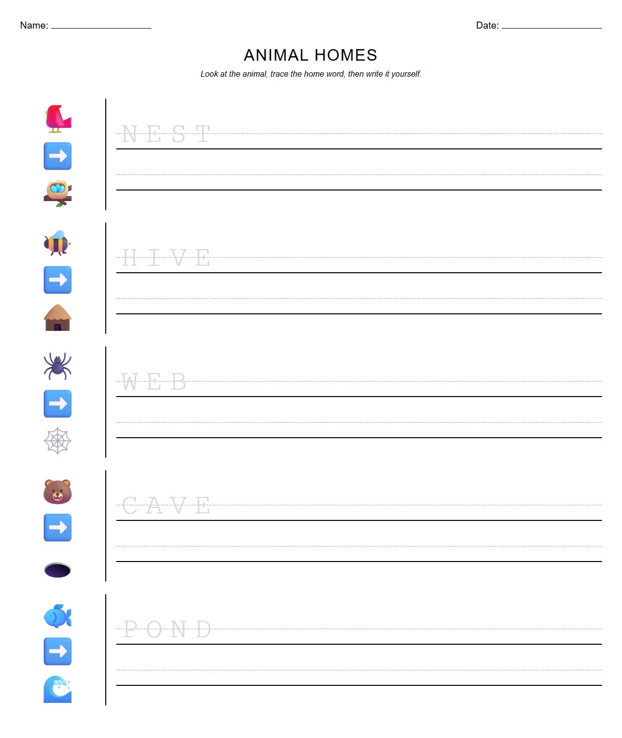 Trace and Write Phonics Based Animal Home Words