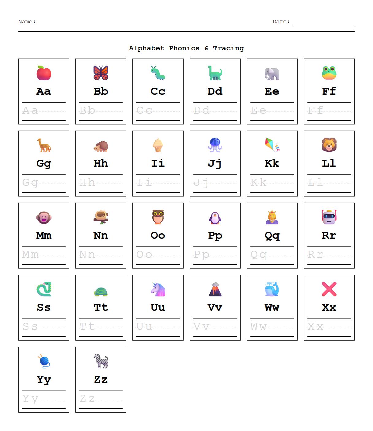 Uppercase and Lowercase Alphabet Tracing Worksheet for Phonics Practice