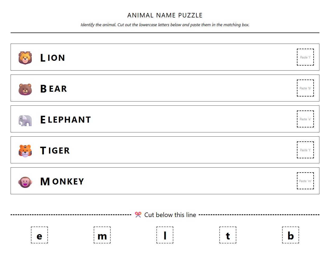 Uppercase and Lowercase Animal Name Puzzle Worksheet