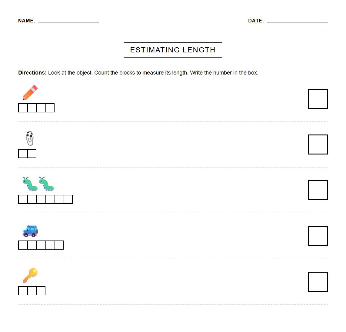 Visual Discrimination Estimating Length Worksheet for Kindergarten
