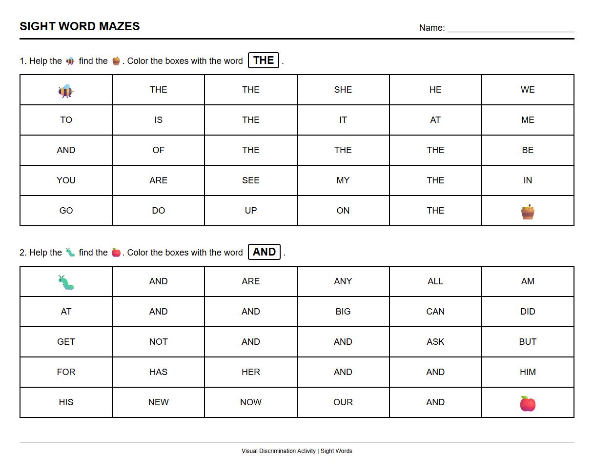 Visual Discrimination Sight Words Mazes