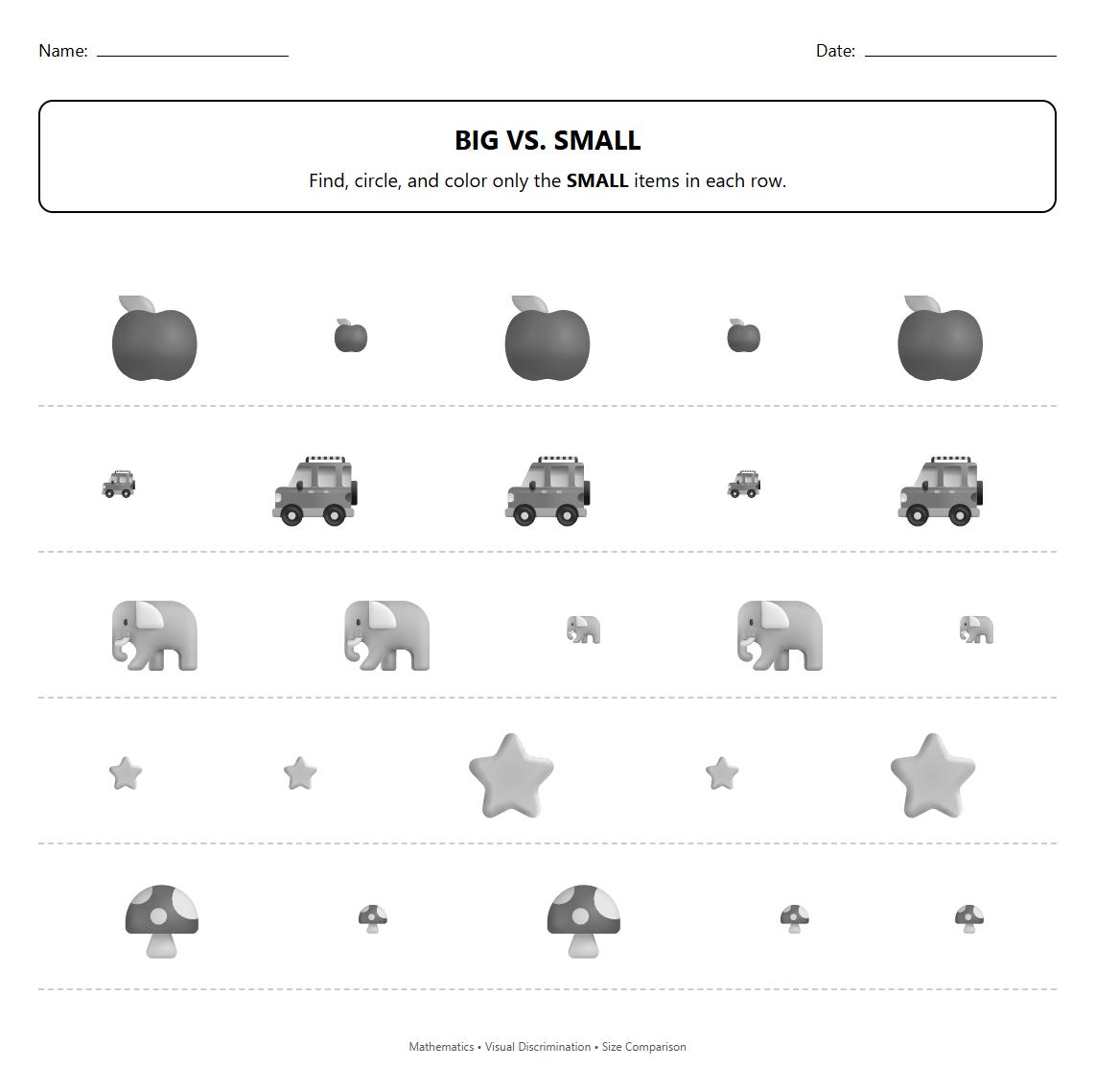 Visual Discrimination Worksheet: Circle and color only the small items among mixed sizes