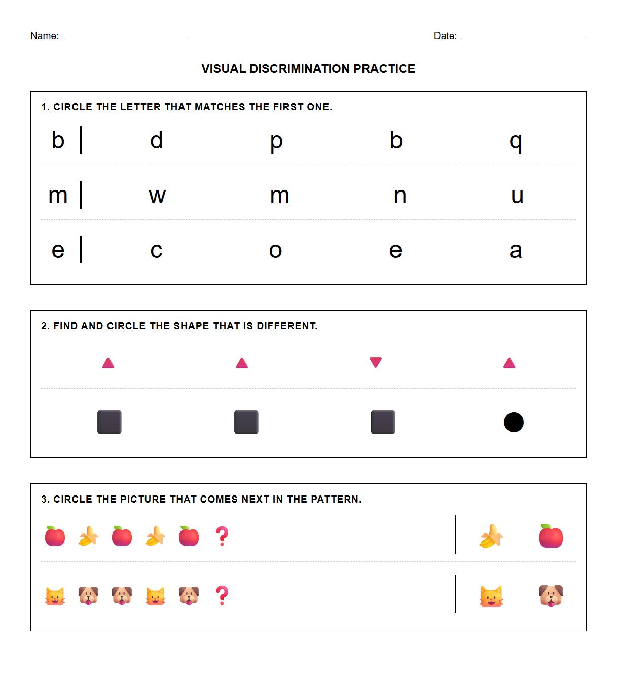 Visual discrimination worksheet featuring letter pairs and similar shapes