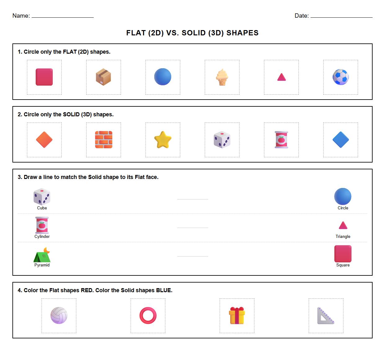 Visual Discrimination Worksheet: Identify Flat and Solid Shapes