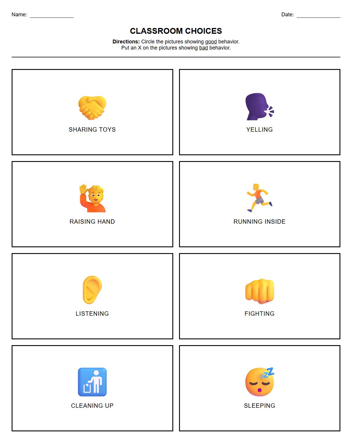 Visual Discrimination worksheet with pictures of correct and incorrect classroom behaviors