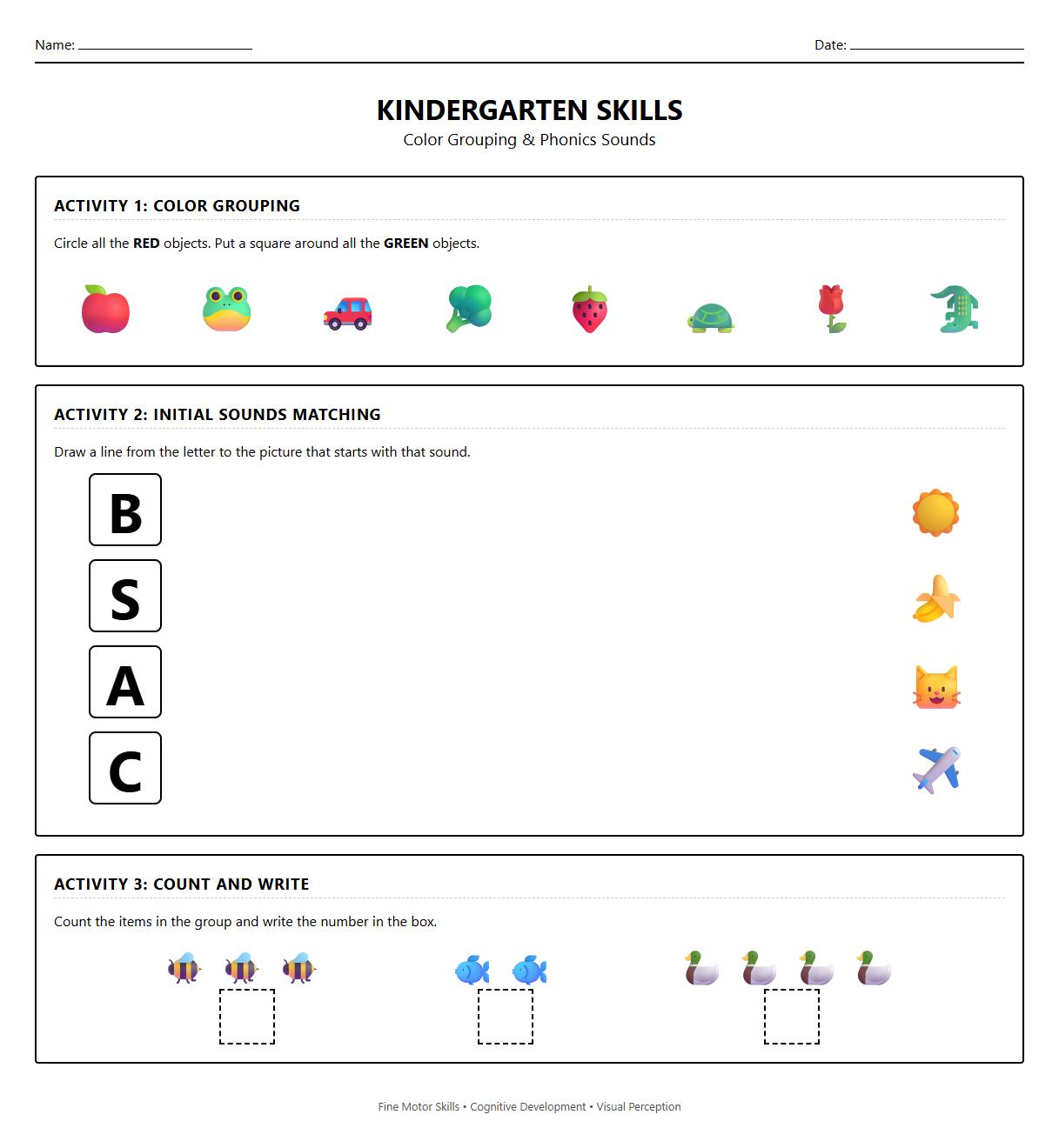 Visual Object Grouping by Color and Initial Phonics Sound Worksheet