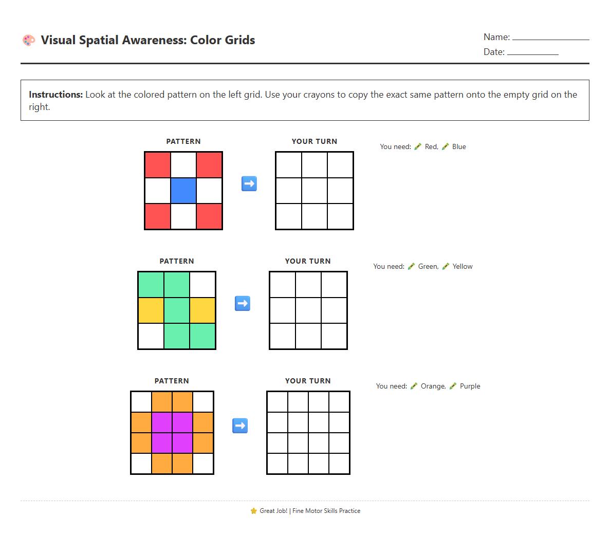 Visual Spatial Awareness with Color Grids Worksheet