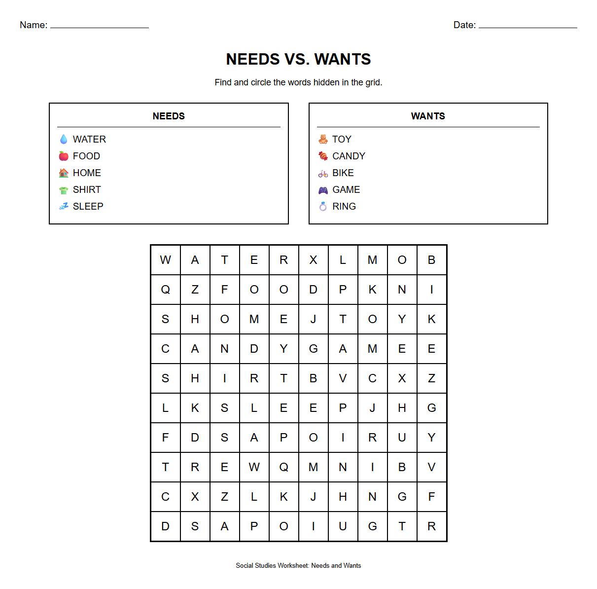Vocabulary Word Search Worksheet for Needs and Wants