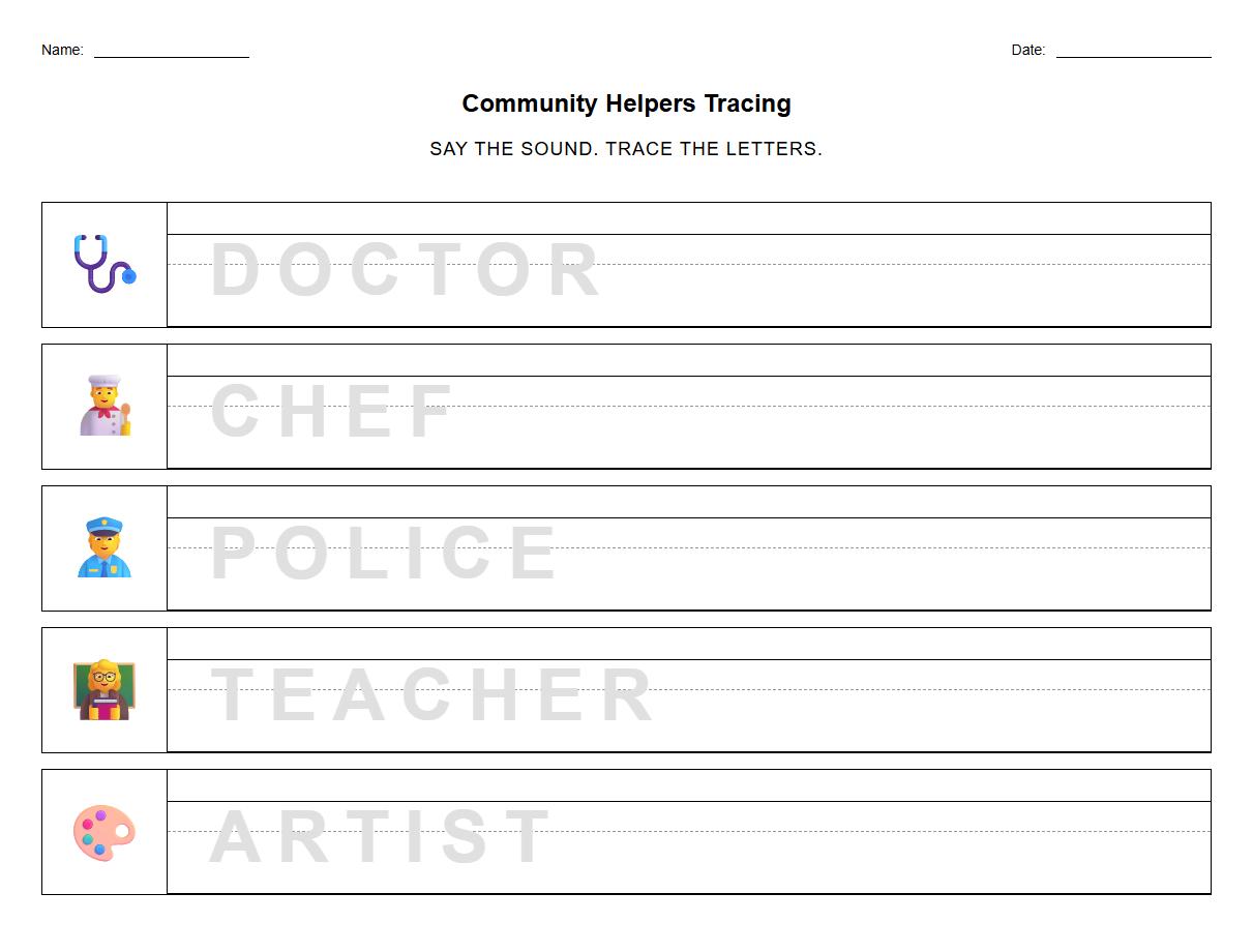 Vocation Name Tracing Page for Initial Sound Discrimination and Motor Precision