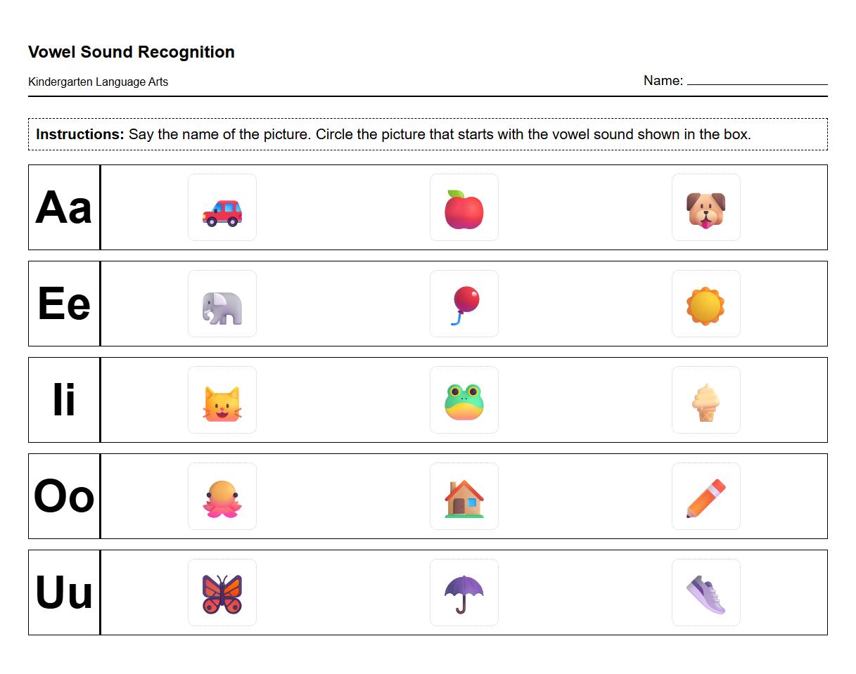 Vowel Sound Recognition Worksheet