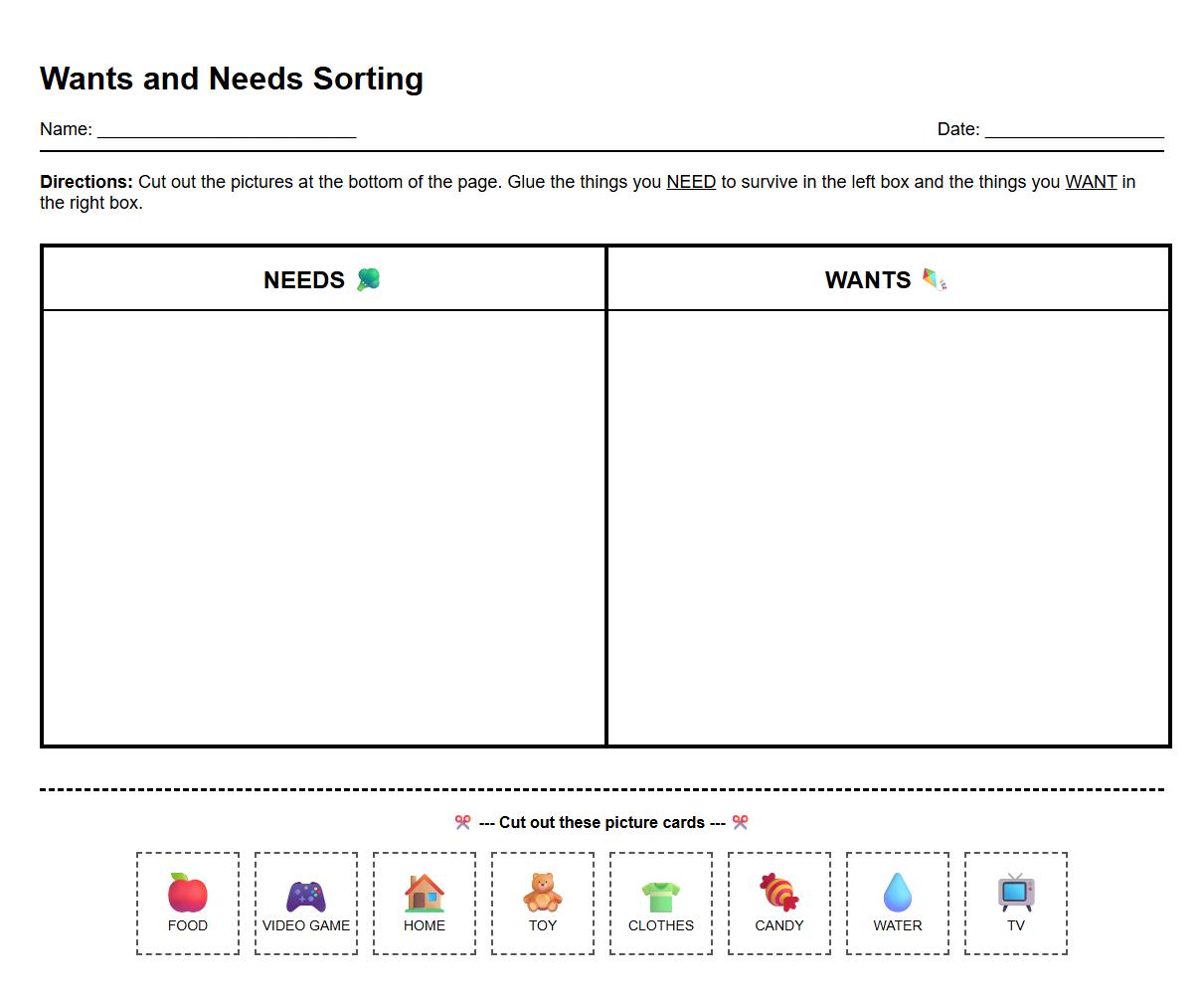 Wants and Needs Categorization Worksheet Using Picture Cards