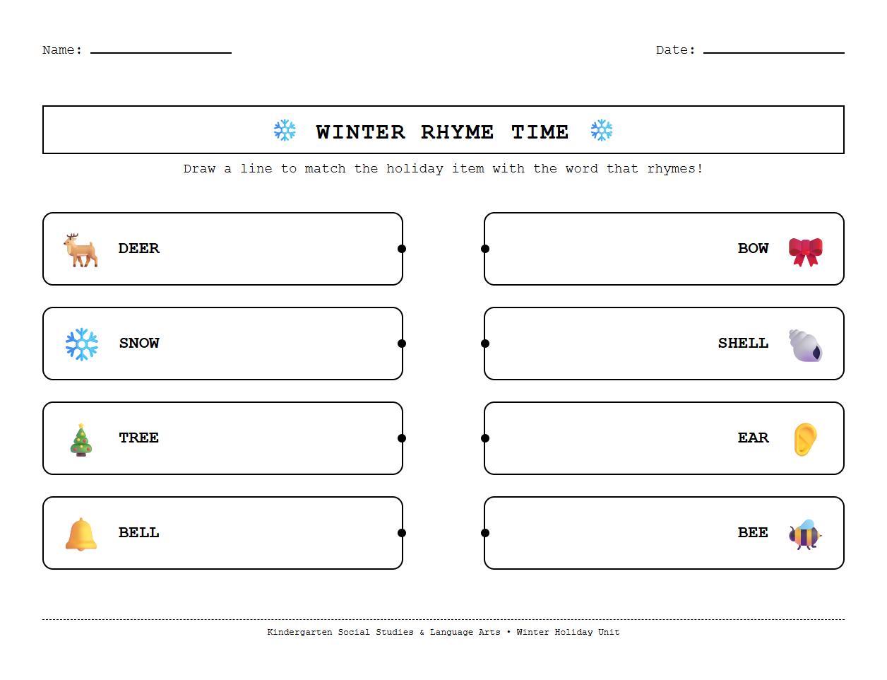 Winter holiday rhyme matching