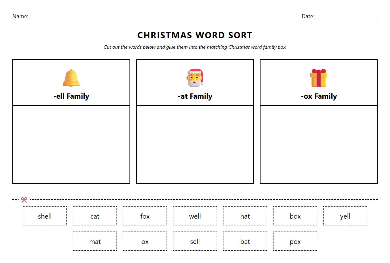 Word Family Sorting Worksheet with Christmas Celebration Motifs