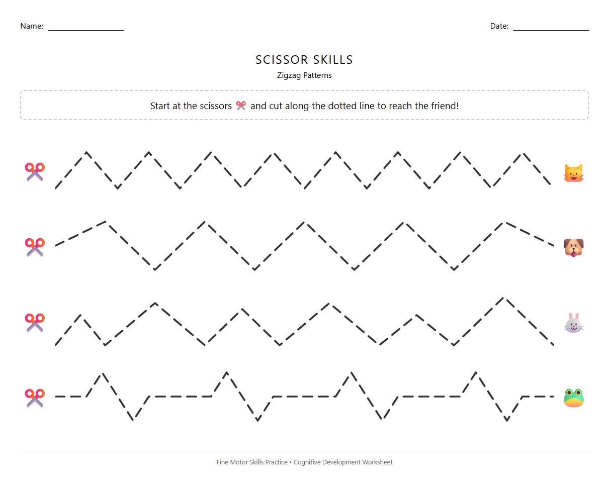 Zigzag Pattern Scissor Practice Worksheets for Kindergarten