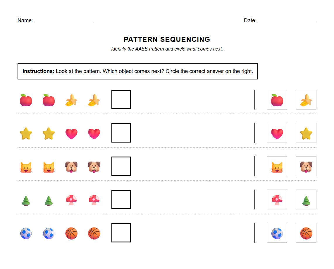 AABB Object Sequencing with Visual Discrimination Worksheet