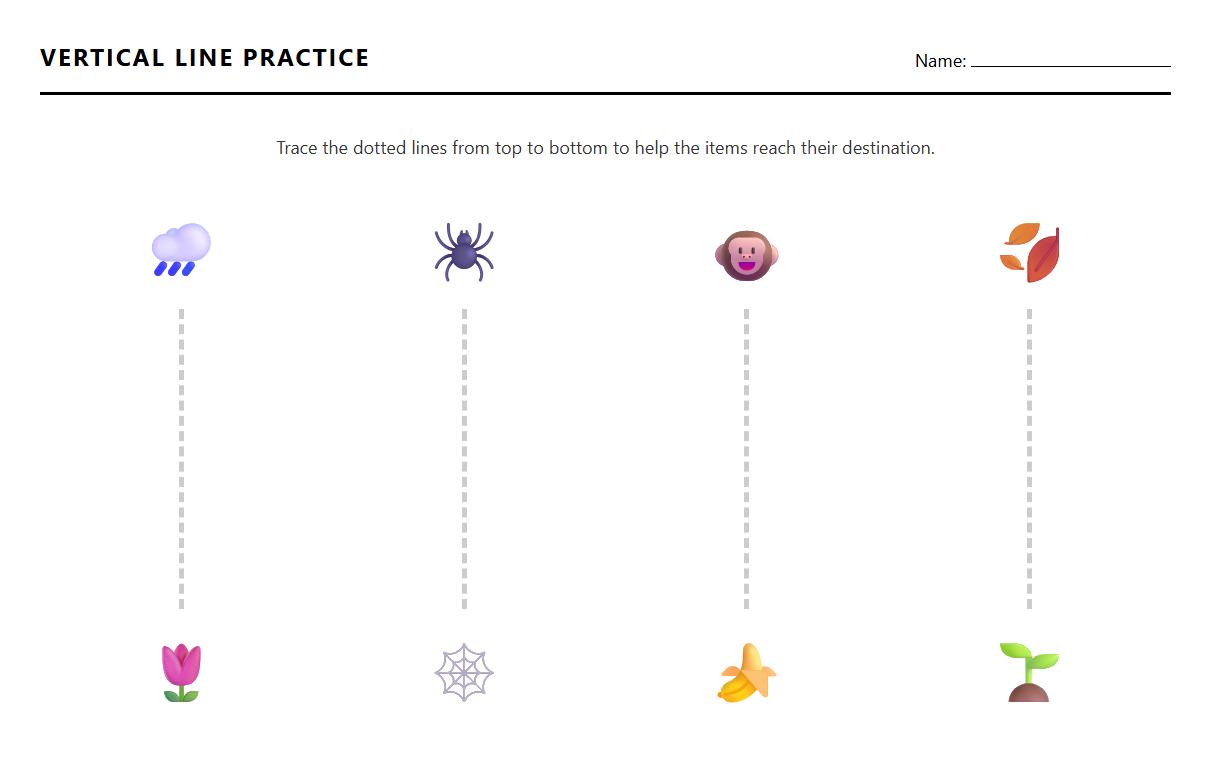 Activity sheet for tracing vertical lines to reinforce handwriting fundamentals