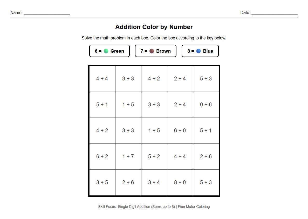 Addition Facts Color by Number Practice Sheet