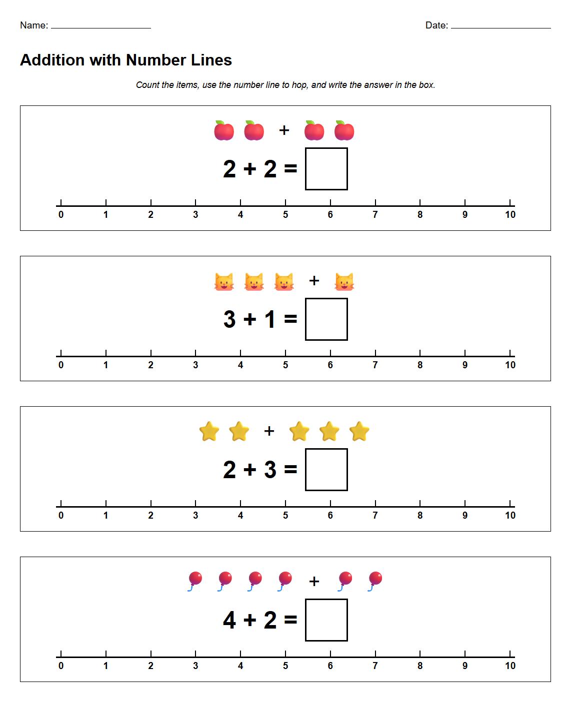 Addition Worksheet with Number Line Support for Kindergarten