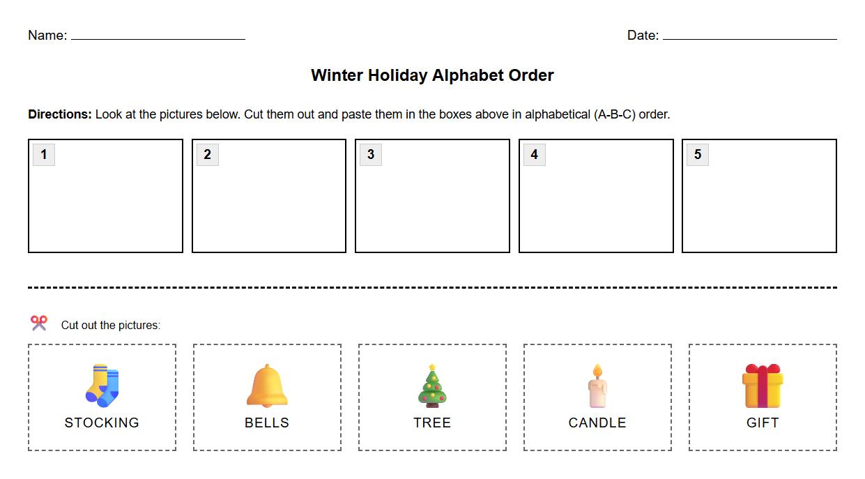 Alphabet sequencing using pictures of Winter Holidays