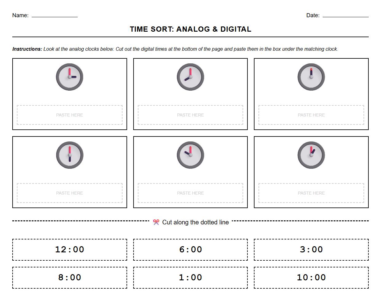 Analog and Digital Time Sort Worksheet for Kindergarten