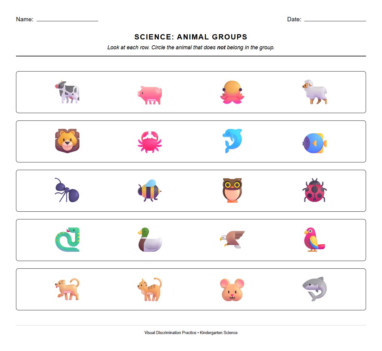 Animal Group Visual Discrimination Worksheet
