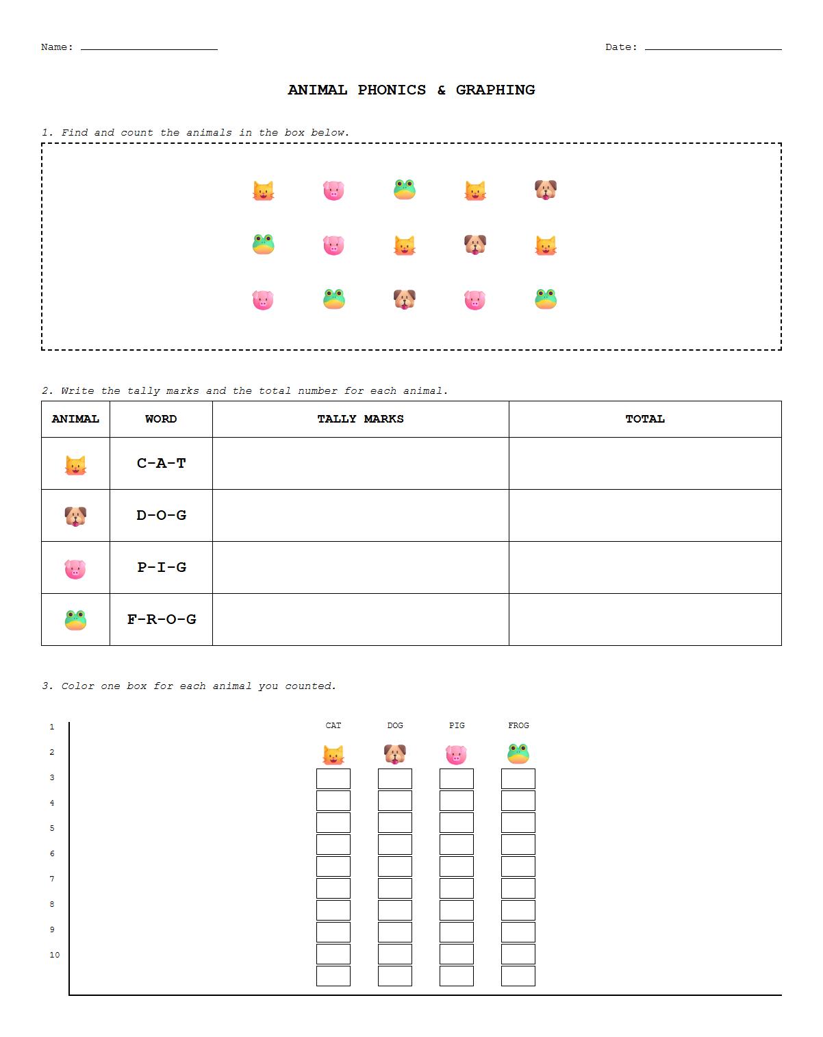 Animal Names Phonics Tally Marks to Bar Graph Worksheet