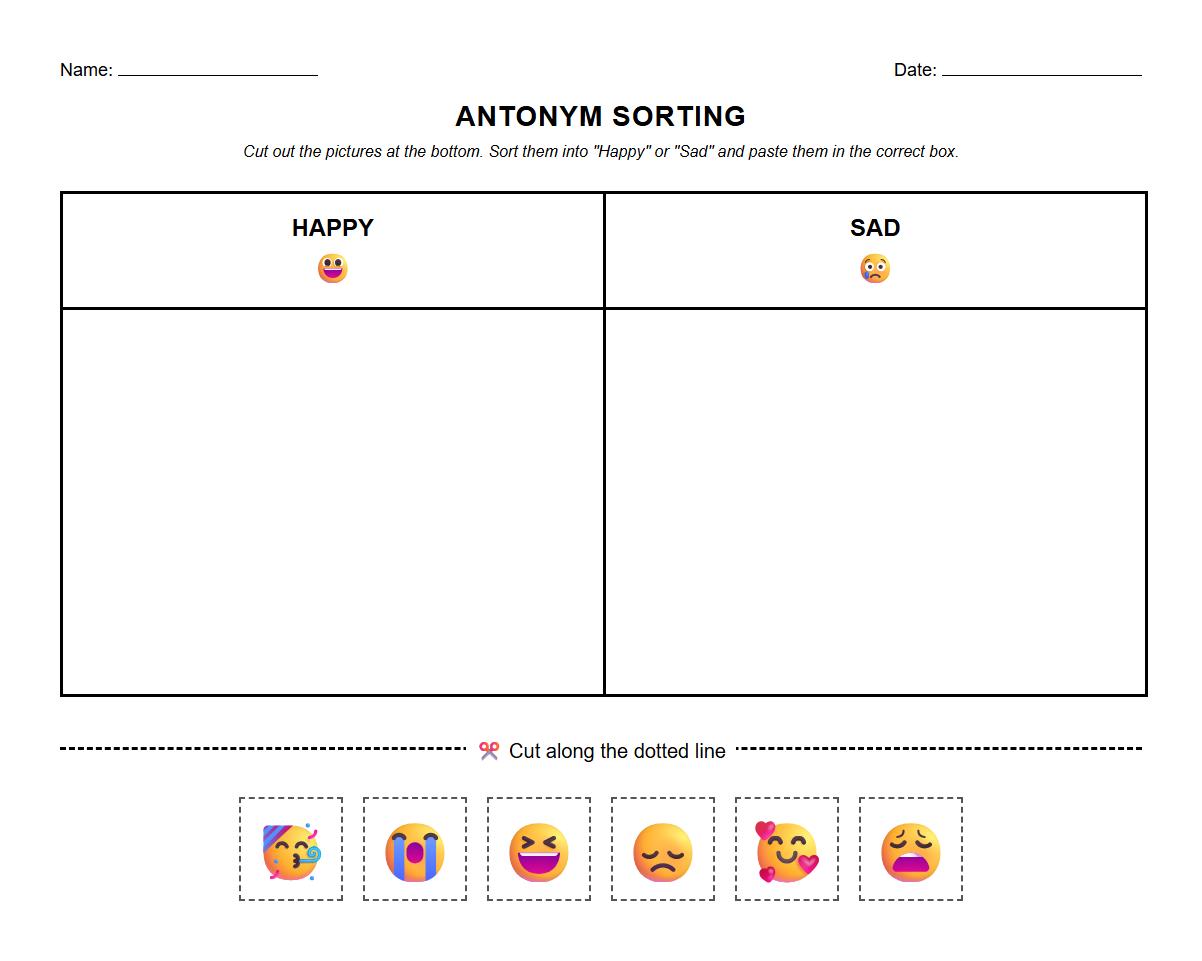 Antonym Picture Sorting Activity Sheet